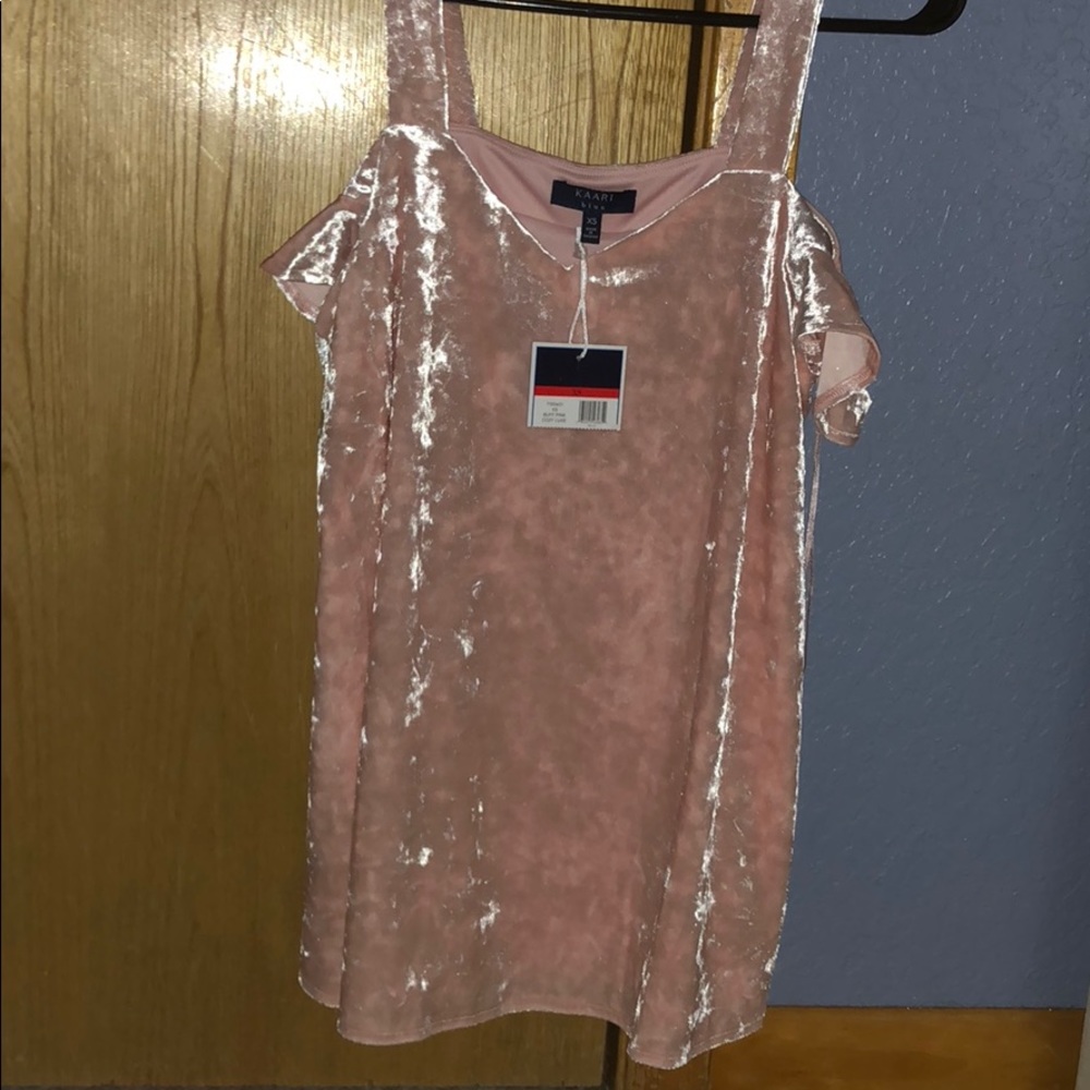 Kaari Blue off the shoulder pink velvet blouse